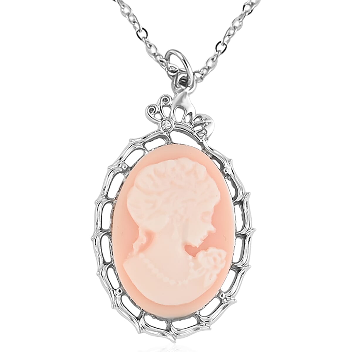 Blush Pink Cameo Necklace 16 Inches and Earrings in Silvertone image number 3