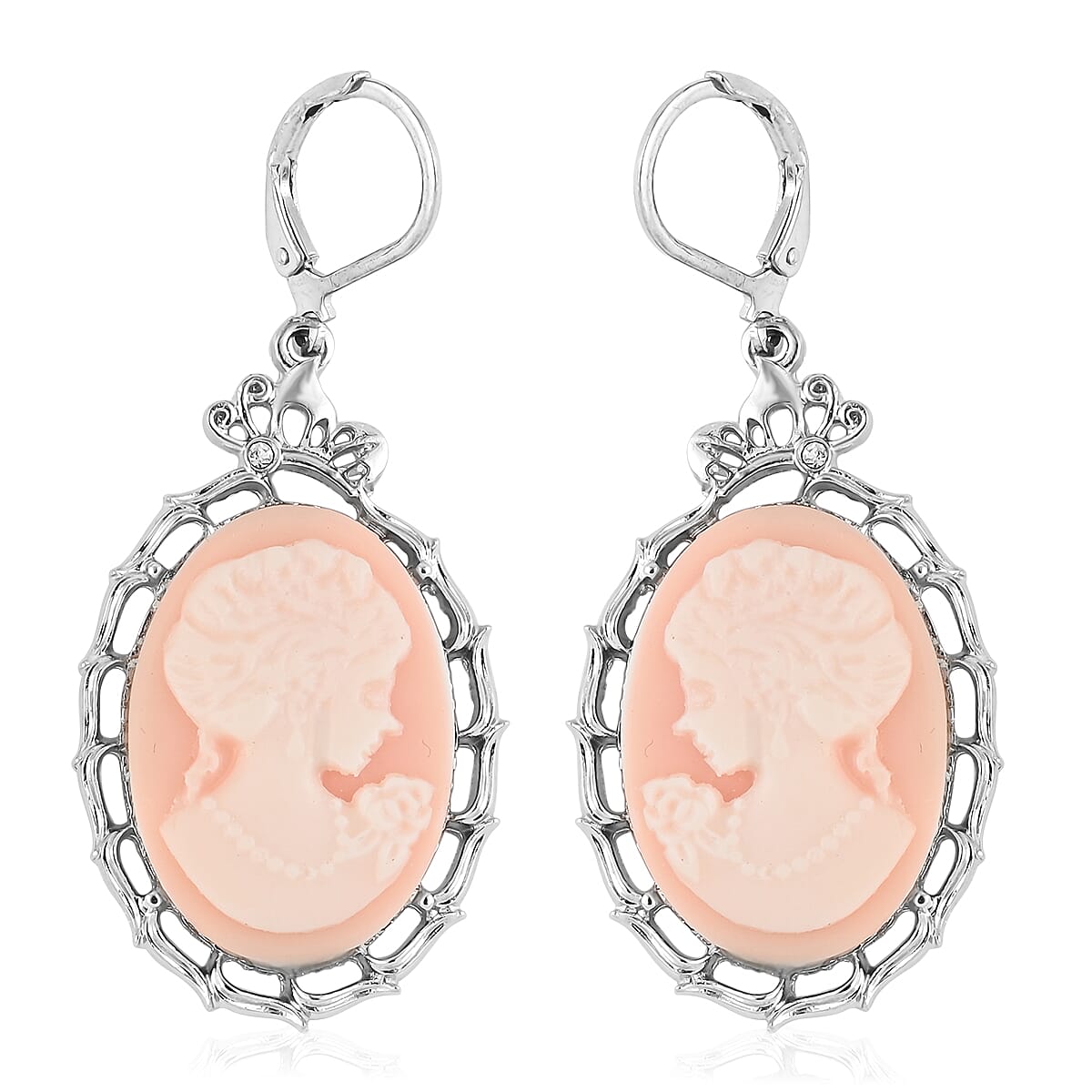 Blush Pink Cameo Necklace 16 Inches and Earrings in Silvertone image number 5