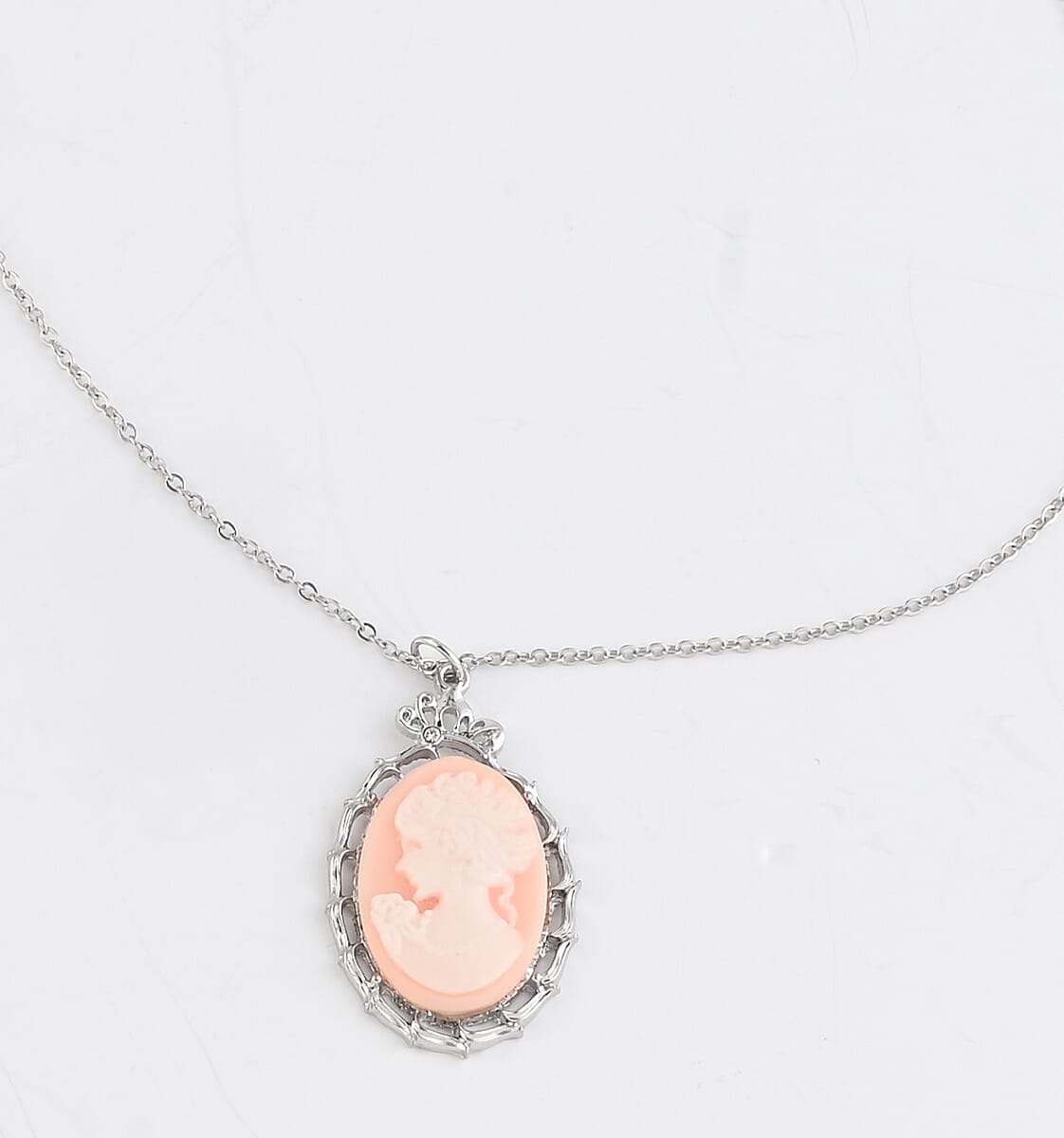 Blush Pink Cameo Necklace 16 Inches and Earrings in Silvertone image number 7