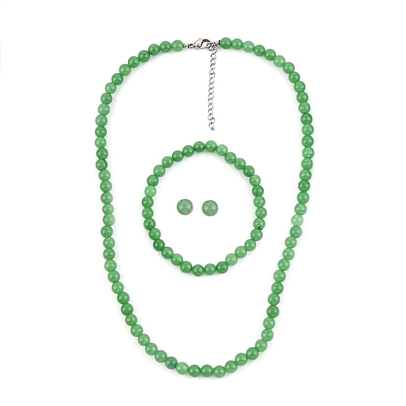 Green Aventurine Beaded Stretch Bracelet, Solitaire Stud Earrings and Necklace 18 Inches in Stainless Steel 177.00 ctw
