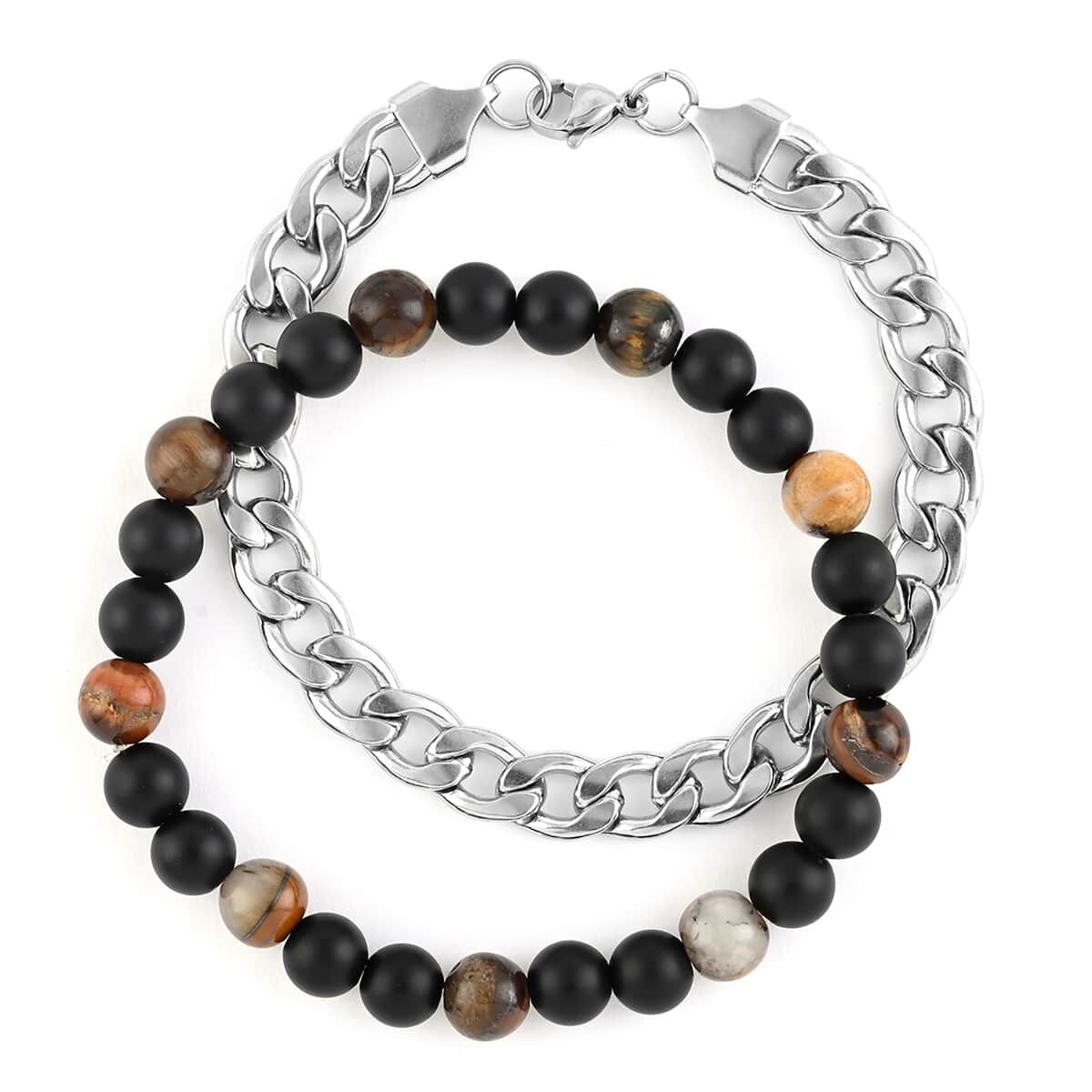 Set of 2 Hematite, Lava and Red Tiger Eye Beaded Bracelet in Stainless Steel (Stretch, 7.50In) 34.10 ctw image number 0