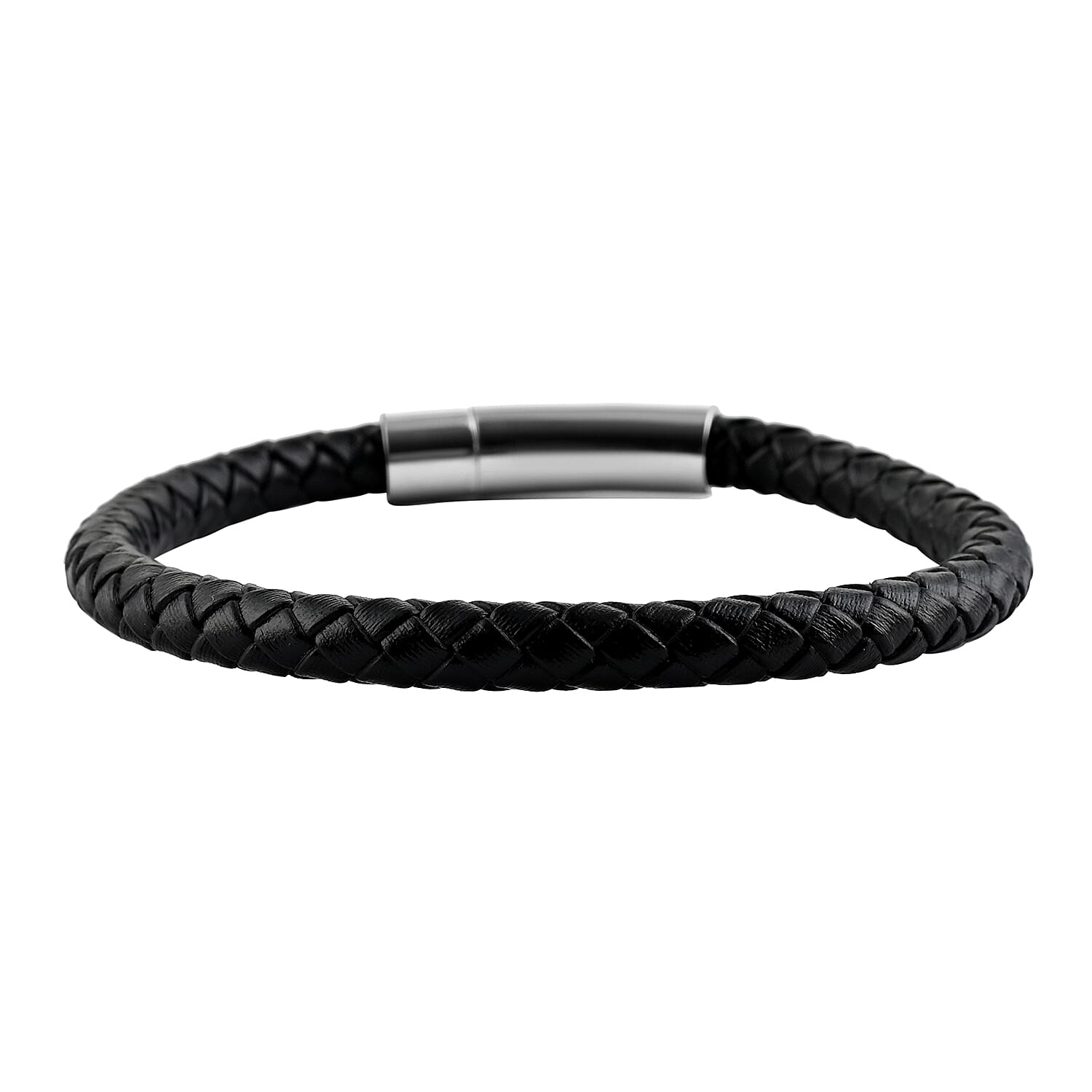 Set of Cable Chain Necklace (24 Inches) and Braided Black Leather Bracelet in ION Plated Black Stainless Steel
