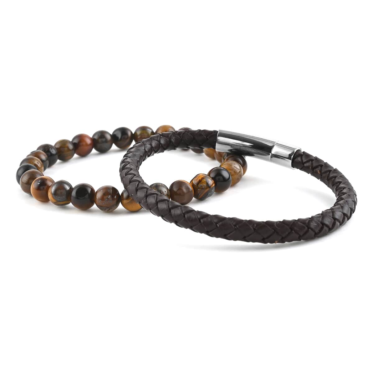 Set of 2 Multi Gemstone Stretch Beaded Bracelet and Brown Leather Bracelet in Stainless Steel 108.00 ctw image number 0