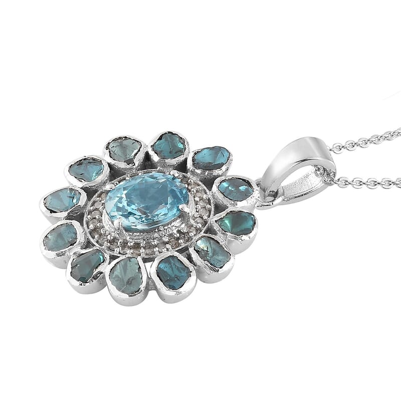 Cambodian Blue Zircon and Polki Blue Diamond, Diamond Pendant Cocktail Necklace 20 Inches in Platinum Over Sterling Silver 2.80 ctw
