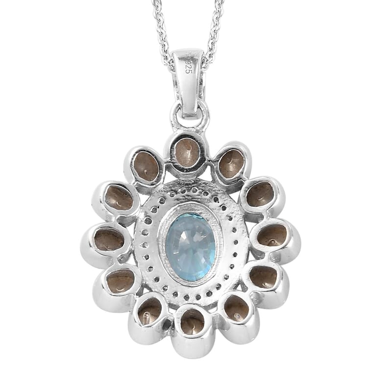 Cambodian Blue Zircon and Polki Blue Diamond, Diamond Pendant Cocktail Necklace 20 Inches in Platinum Over Sterling Silver 2.80 ctw