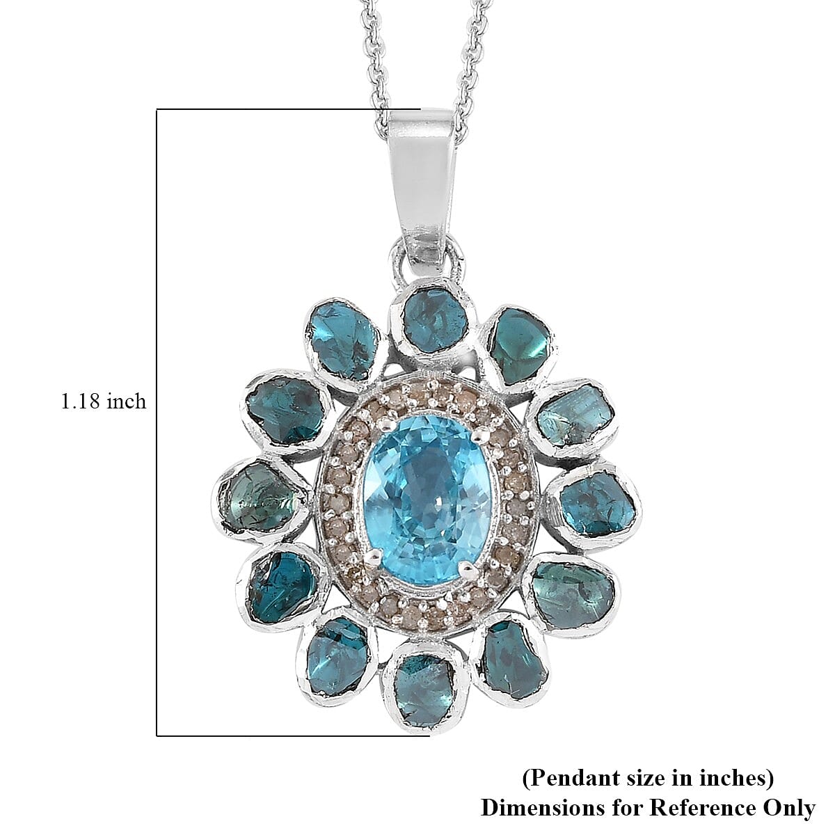 Cambodian Blue Zircon and Polki Blue Diamond, Diamond Pendant Cocktail Necklace 20 Inches in Platinum Over Sterling Silver 2.80 ctw