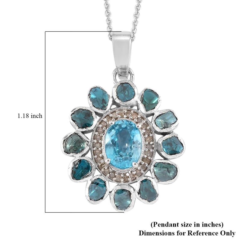 Cambodian Blue Zircon and Polki Blue Diamond, Diamond Pendant Cocktail Necklace 20 Inches in Platinum Over Sterling Silver 2.80 ctw