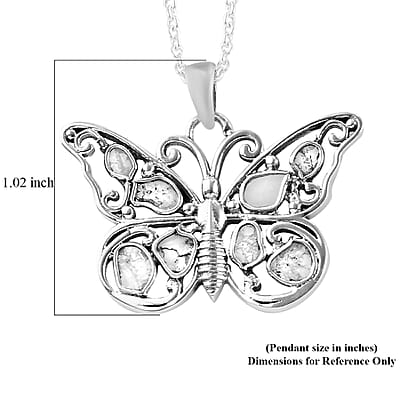 Artisan Crafted Polki Diamond Butterfly Pendant Necklace 20 Inches in Platinum Over Sterling Silver 0.65 ctw