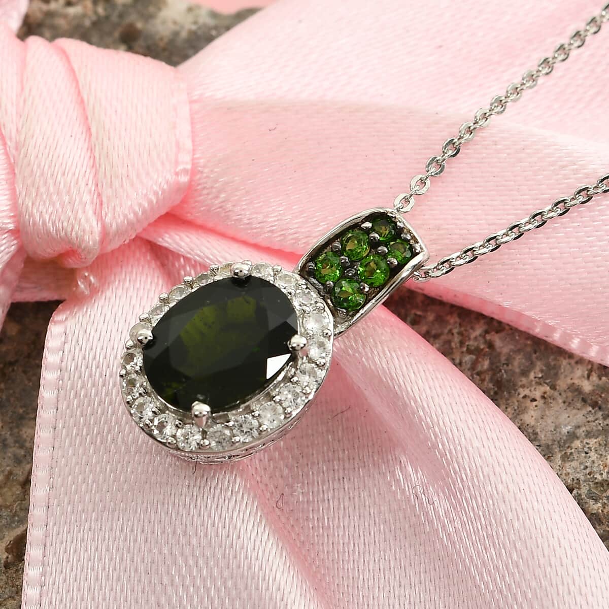 Chrome Diopside and White Zircon Pendant Necklace 20 Inches in Platinum Over Sterling Silver 2.50 ctw image number 1