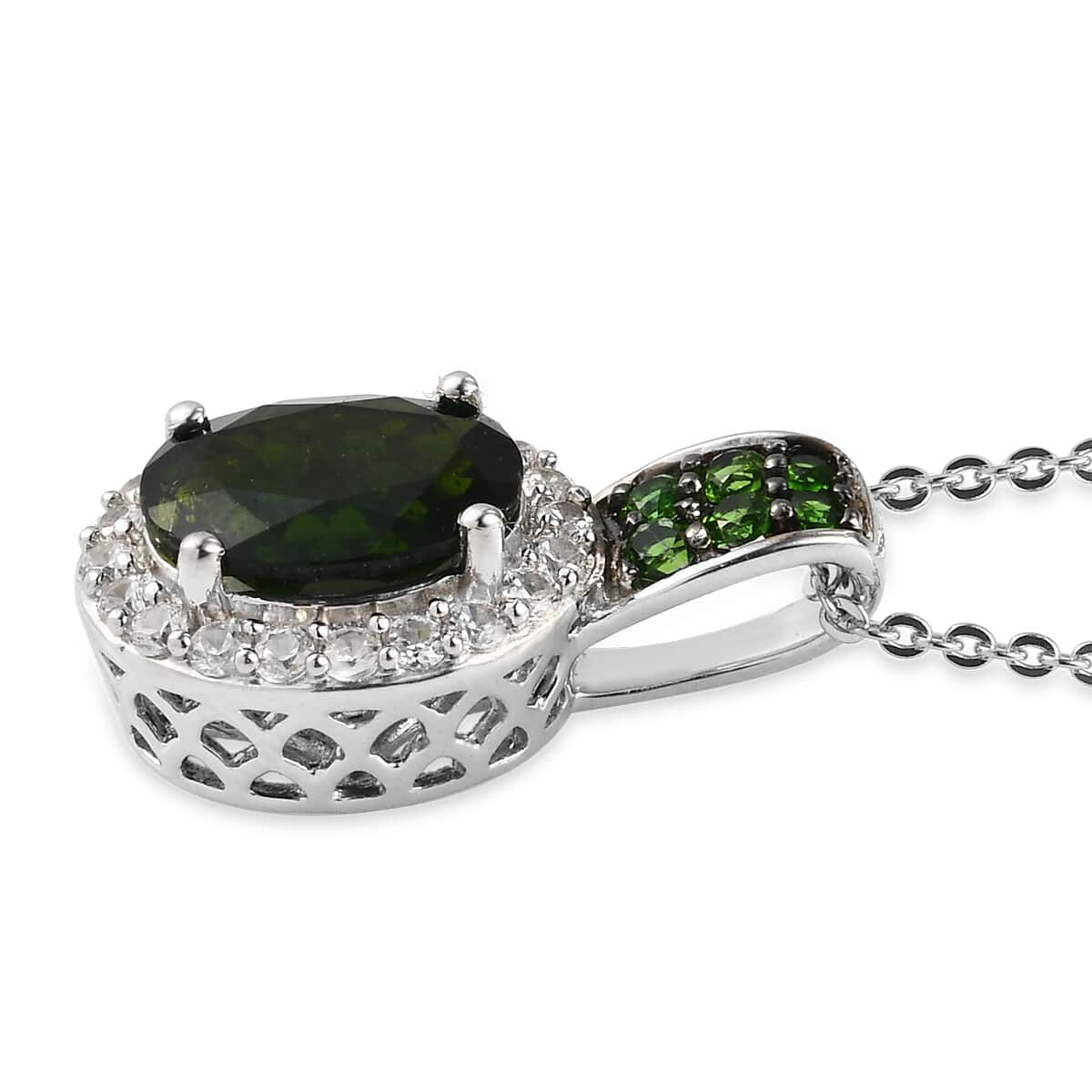 Chrome Diopside and White Zircon Pendant Necklace 20 Inches in Platinum Over Sterling Silver 2.50 ctw image number 3