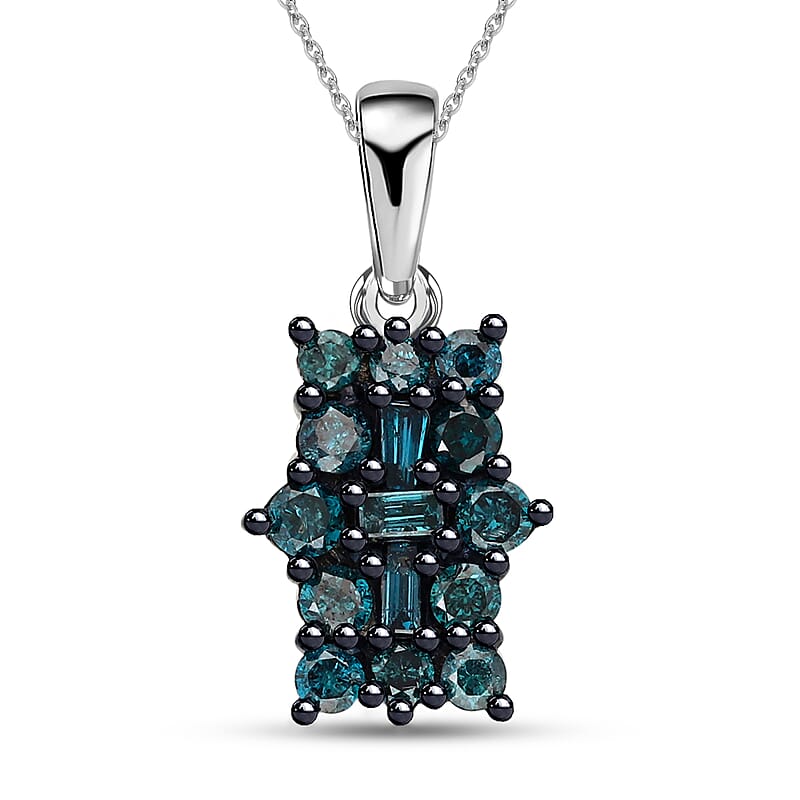 Blue Diamond Cluster Pendant Necklace in Rhodium and Platinum Plated Sterling Silver, Diamond Jewelry For Women, 18 Inches 0.50 ctw