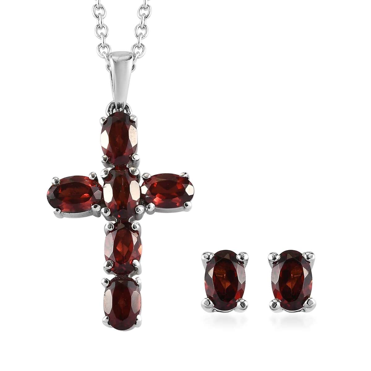 Mozambique Garnet 4.35 ctw Solitaire Stud Earrings and Cross Pendant Necklace 20 Inches in Stainless Steel image number 0