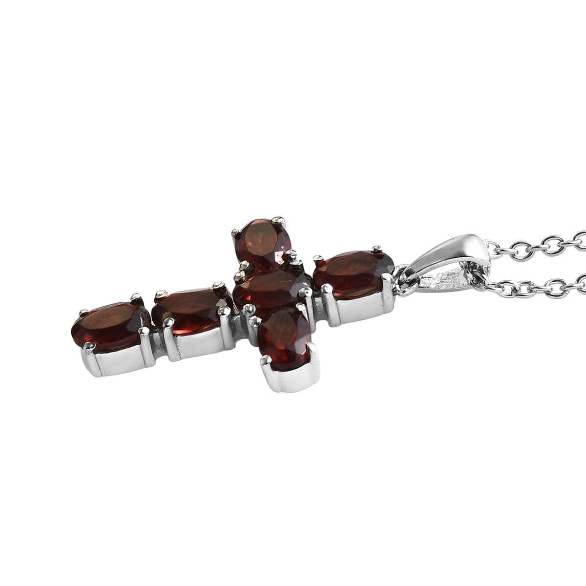 Mozambique Garnet 4.35 ctw Solitaire Stud Earrings and Cross Pendant Necklace 20 Inches in Stainless Steel image number 2