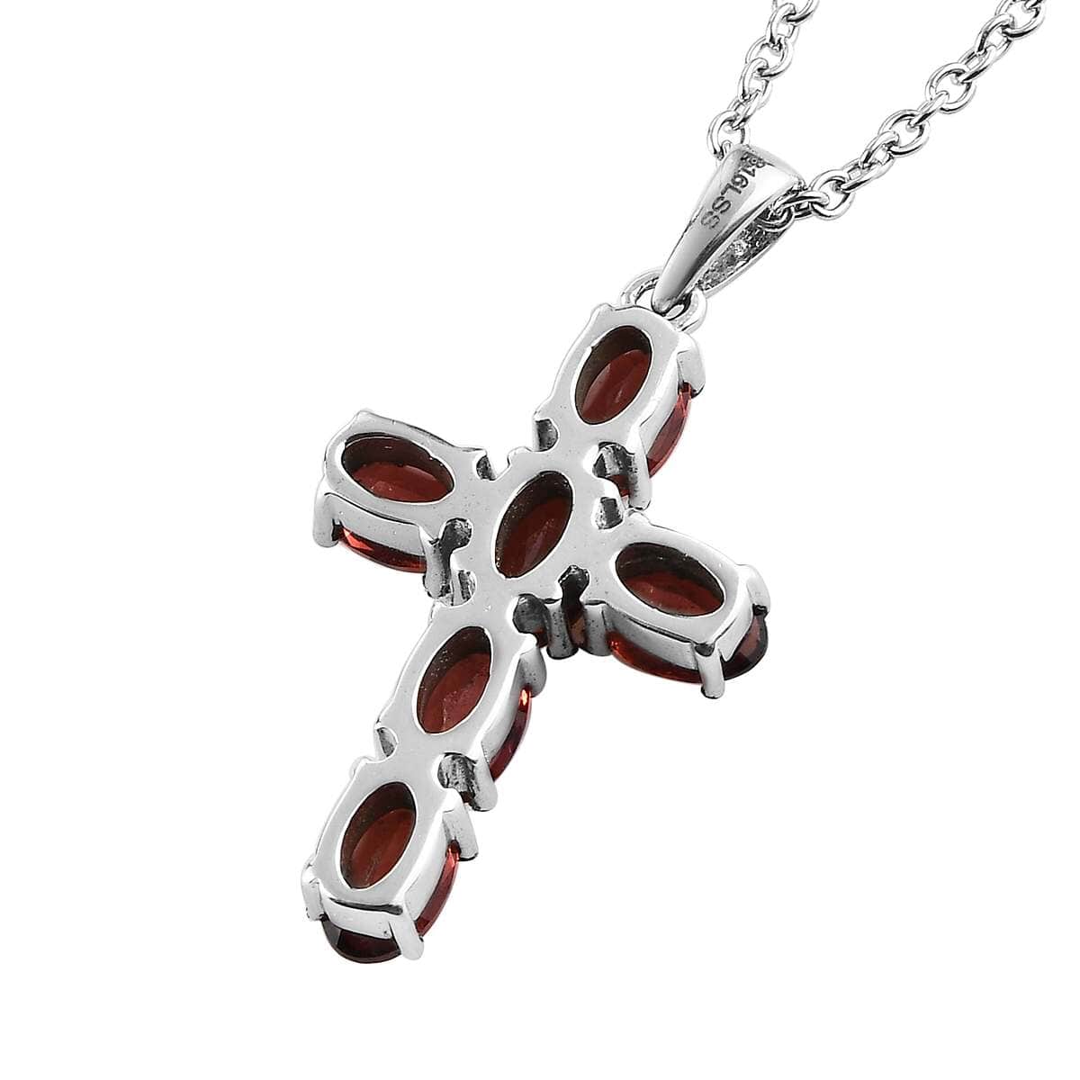 Mozambique Garnet 4.35 ctw Solitaire Stud Earrings and Cross Pendant Necklace 20 Inches in Stainless Steel image number 3