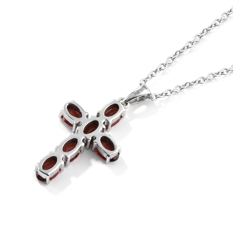 Mozambique Garnet 4.35 ctw Solitaire Stud Earrings and Cross Pendant Necklace 20 Inches in Stainless Steel