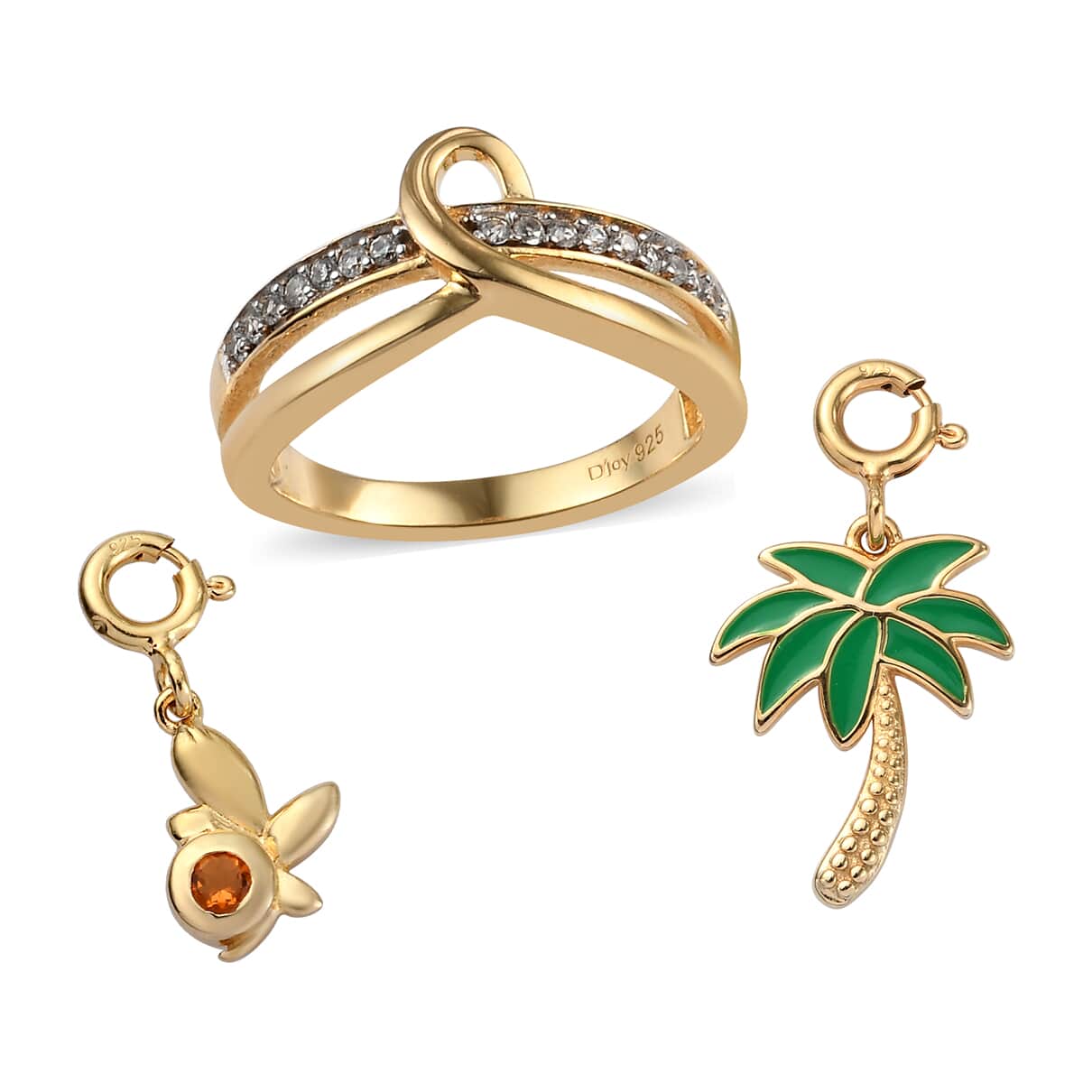 Set of 3 Jalisco Fire Opal and Natural White Zircon Band Ring, Palm Tree and Butterfly Charms in Vermeil YG Over Sterling Silver (Size 8.0) 0.30 ctw image number 0