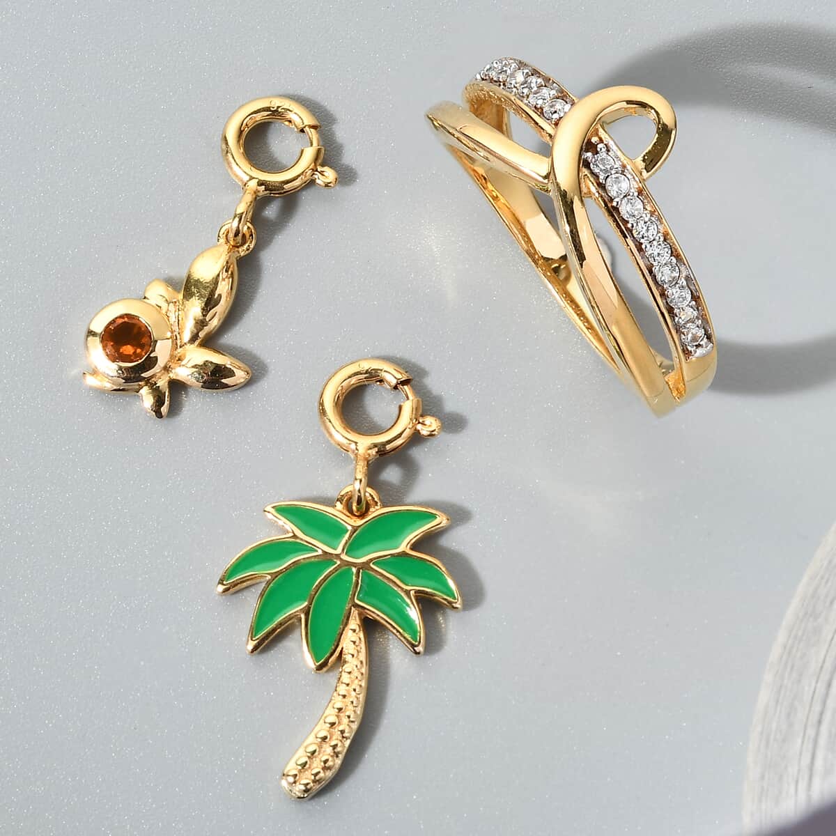 Set of 3 Jalisco Fire Opal and Natural White Zircon Band Ring, Palm Tree and Butterfly Charms in Vermeil YG Over Sterling Silver (Size 8.0) 0.30 ctw image number 1
