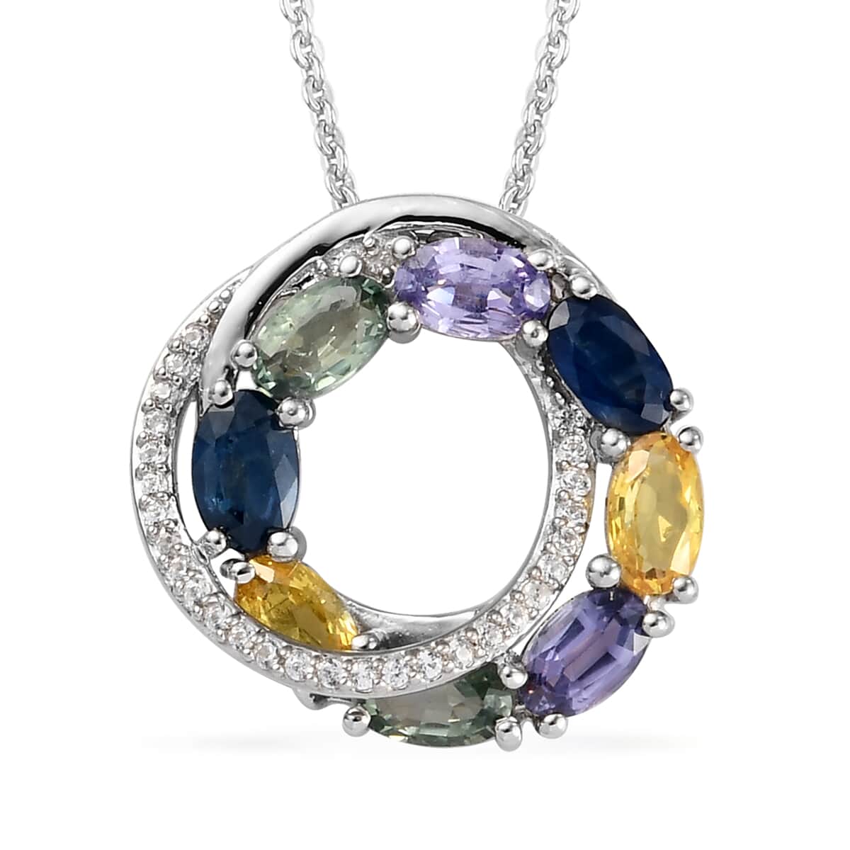 Multi Sapphire and Natural White Zircon Pendant Necklace 20 Inches in Platinum Over Sterling Silver 2.70 ctw image number 0