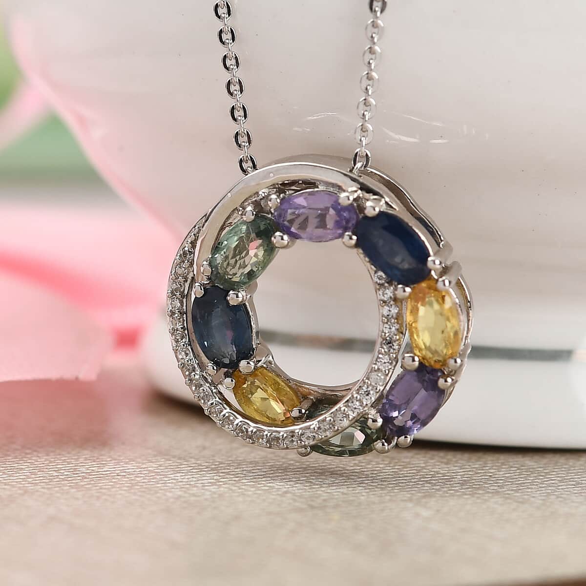 Multi Sapphire and Natural White Zircon Pendant Necklace 20 Inches in Platinum Over Sterling Silver 2.70 ctw image number 1