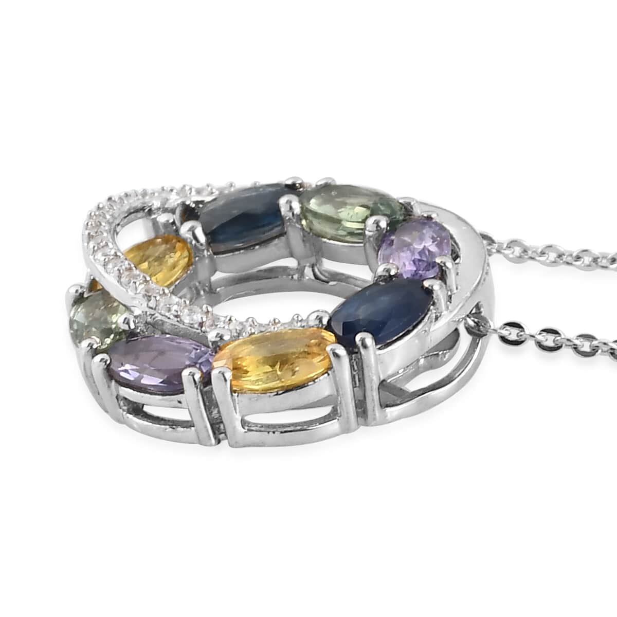 Multi Sapphire and Natural White Zircon Pendant Necklace 20 Inches in Platinum Over Sterling Silver 2.70 ctw image number 3