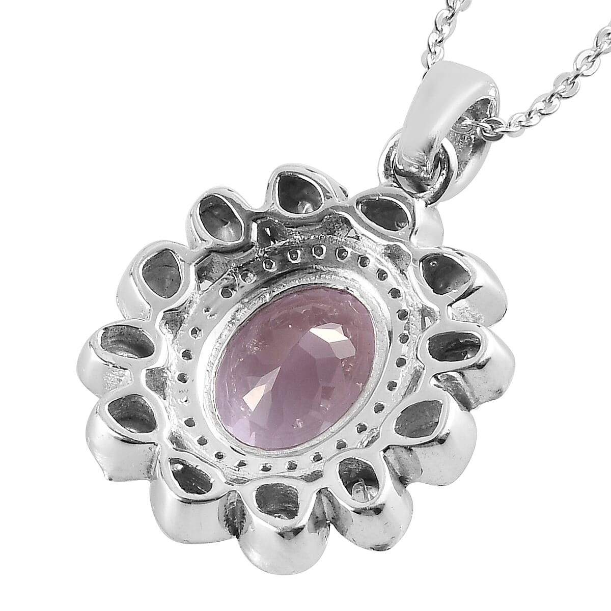 Premium Martha Rocha Kunzite, Polki Diamond and Diamond Cocktail Pendant Necklace 20 Inches in Platinum Over Sterling Silver 4.50 ctw