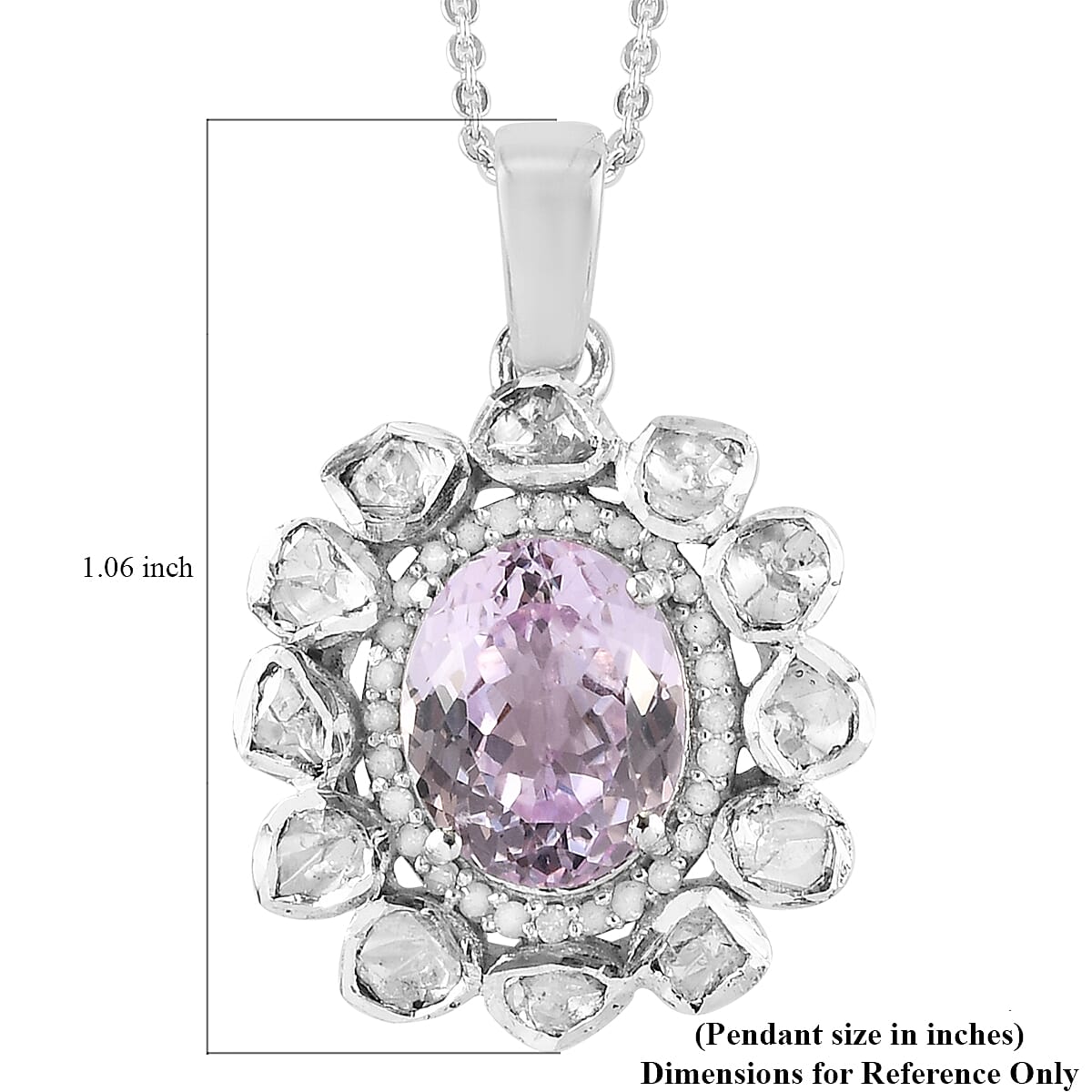 Premium Martha Rocha Kunzite, Polki Diamond and Diamond Cocktail Pendant Necklace 20 Inches in Platinum Over Sterling Silver 4.50 ctw