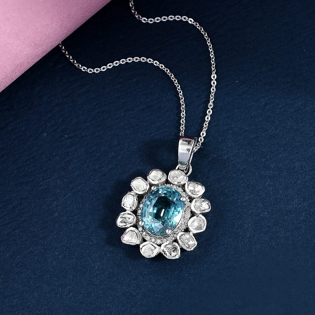Premium Ratanakiri Blue Zircon, Polki Diamond and Diamond Cocktail Pendant Necklace 20 Inches in Platinum Over Sterling Silver 4.90 ctw image number 1