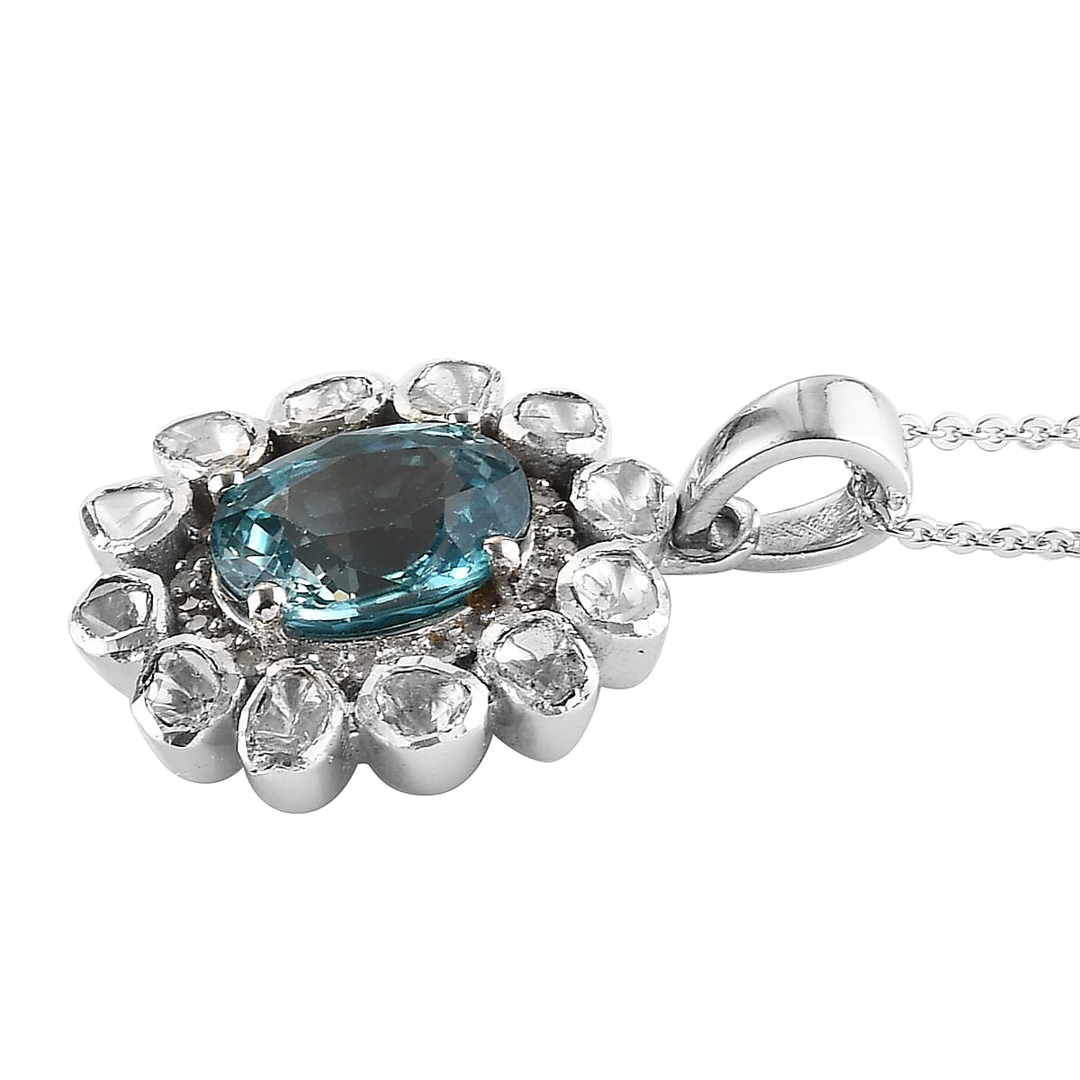Premium Ratanakiri Blue Zircon, Polki Diamond and Diamond Cocktail Pendant Necklace 20 Inches in Platinum Over Sterling Silver 4.90 ctw image number 3