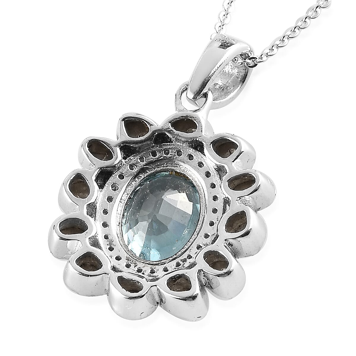Premium Ratanakiri Blue Zircon, Polki Diamond and Diamond Cocktail Pendant Necklace 20 Inches in Platinum Over Sterling Silver 4.90 ctw image number 4