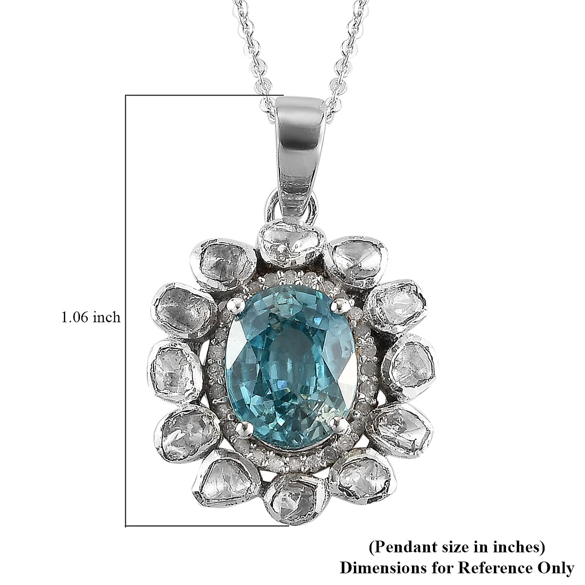 Premium Ratanakiri Blue Zircon, Polki Diamond and Diamond Cocktail Pendant Necklace 20 Inches in Platinum Over Sterling Silver 4.90 ctw image number 5