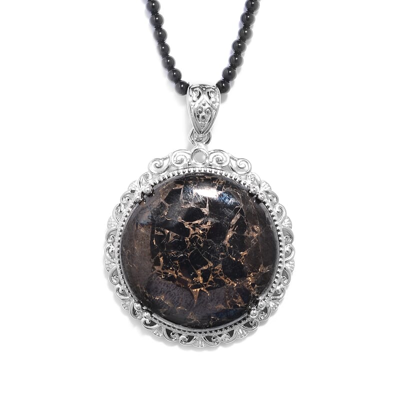 Matrix Silver Shungite and Thai Black Spinel Beaded Pendant Necklace 20 Inches in Platinum Over Copper 93.70 ctw