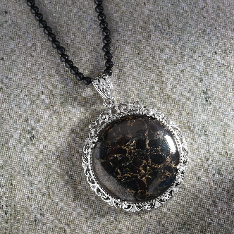 Matrix Silver Shungite and Thai Black Spinel Beaded Pendant Necklace 20 Inches in Platinum Over Copper 93.70 ctw