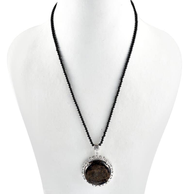 Matrix Silver Shungite and Thai Black Spinel Beaded Pendant Necklace 20 Inches in Platinum Over Copper 93.70 ctw