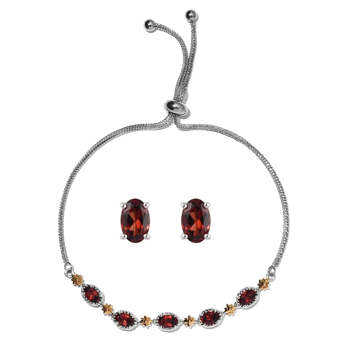 Karis Mozambique Garnet Stud Earrings and Bolo Bracelet in Platinum Bond and Stainless Steel with with Sterling Silver Push Back 3.75 ctw image number 0