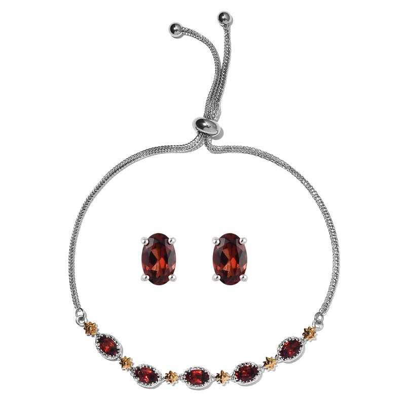 Karis Mozambique Garnet Stud Earrings and Bolo Bracelet in Platinum Bond and Stainless Steel with with Sterling Silver Push Back 3.75 ctw