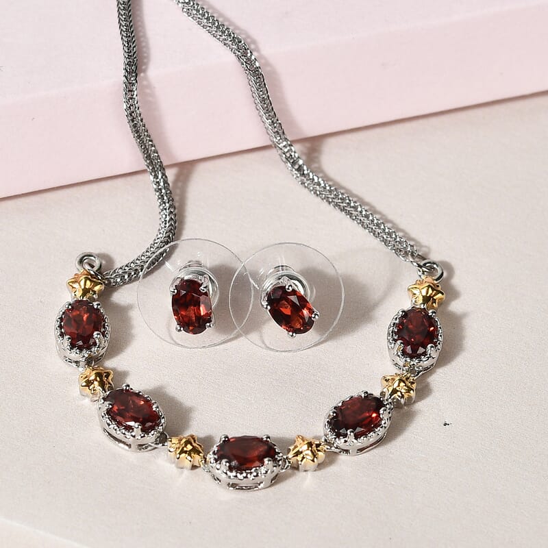 Karis Mozambique Garnet Stud Earrings and Bolo Bracelet in Platinum Bond and Stainless Steel with with Sterling Silver Push Back 3.75 ctw