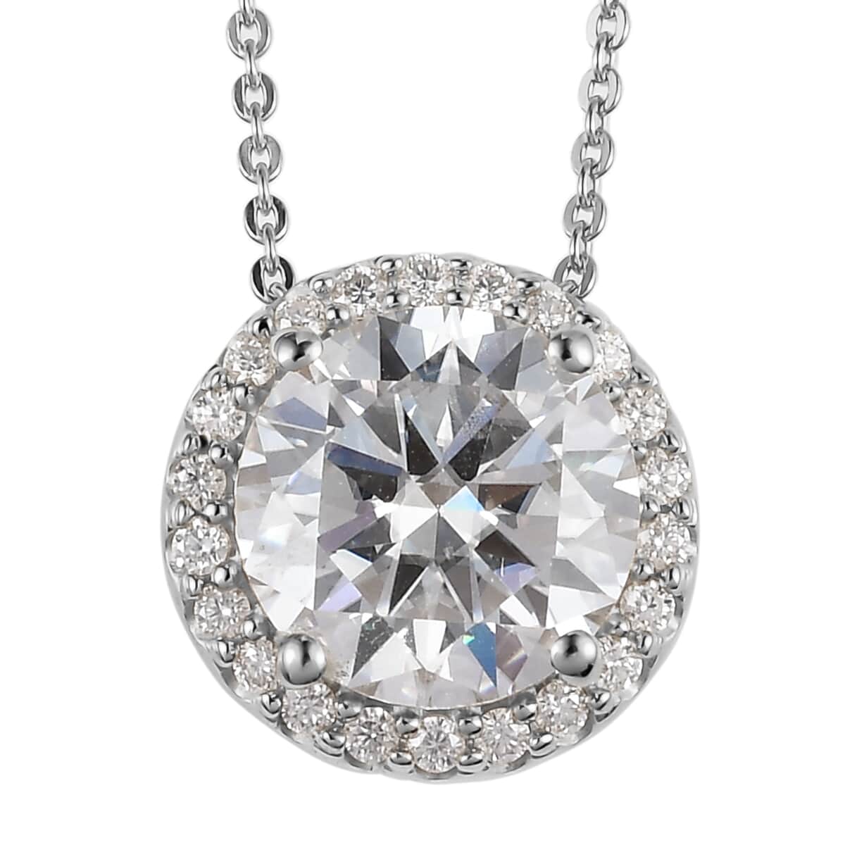 100 Facet Moissanite VS EF Halo Pendant Necklace 20 Inches in Platinum Over Sterling Silver 3.00 ctw image number 0