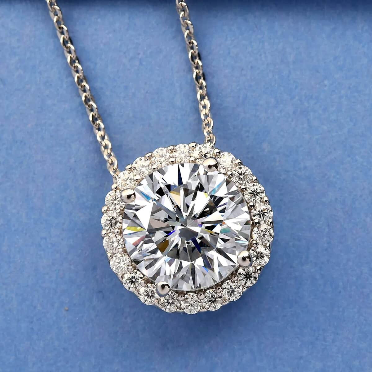 100 Facet Moissanite VS EF Halo Pendant Necklace 20 Inches in Platinum Over Sterling Silver 3.00 ctw image number 1