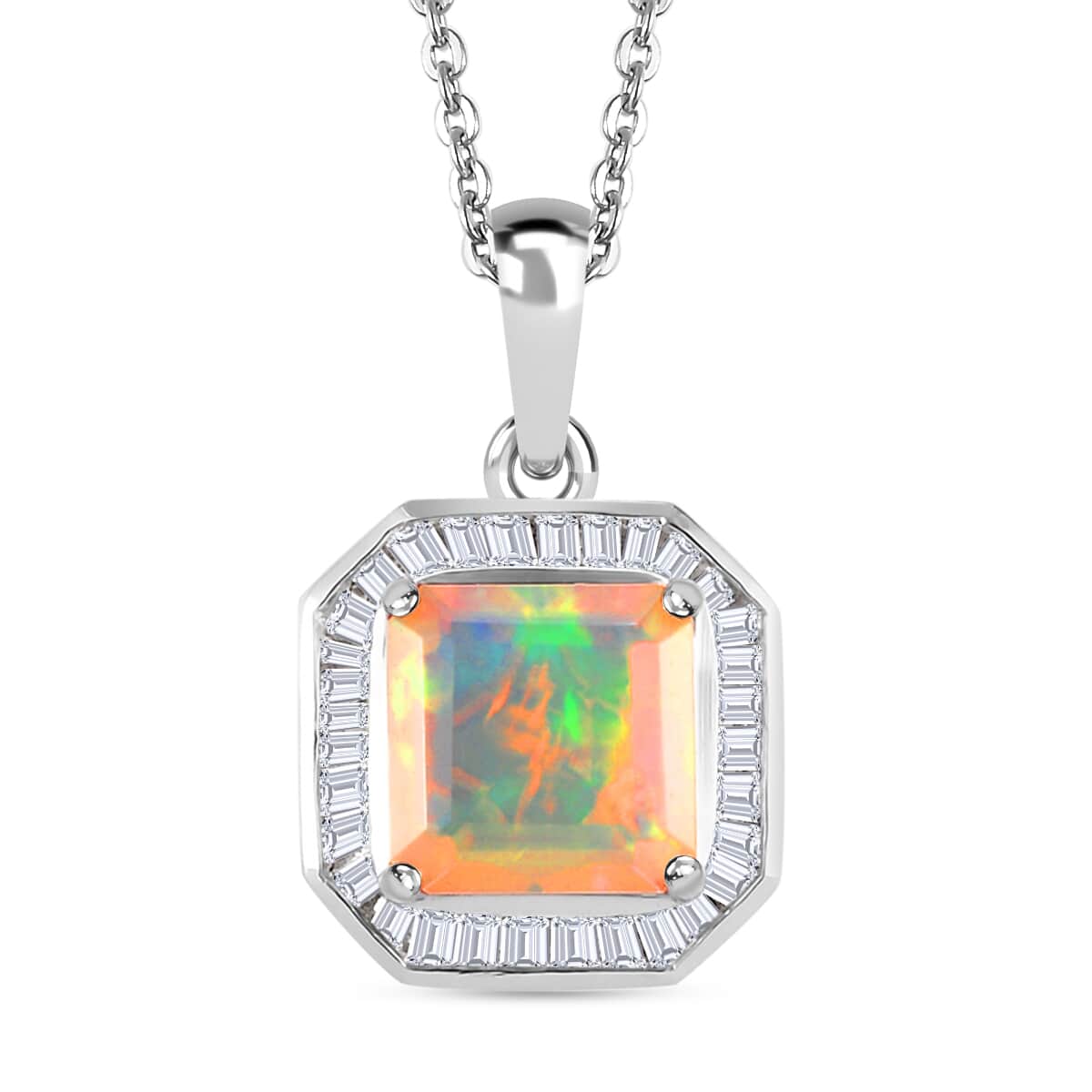 Premium Ethiopian Opal Diamond Pendant in Platinum Plated Sterling Silver, Diamond Halo Pendant, Welo Opal Jewelry, Asscher Cut Opal (20 Inches) 2.00 ctw image number 0