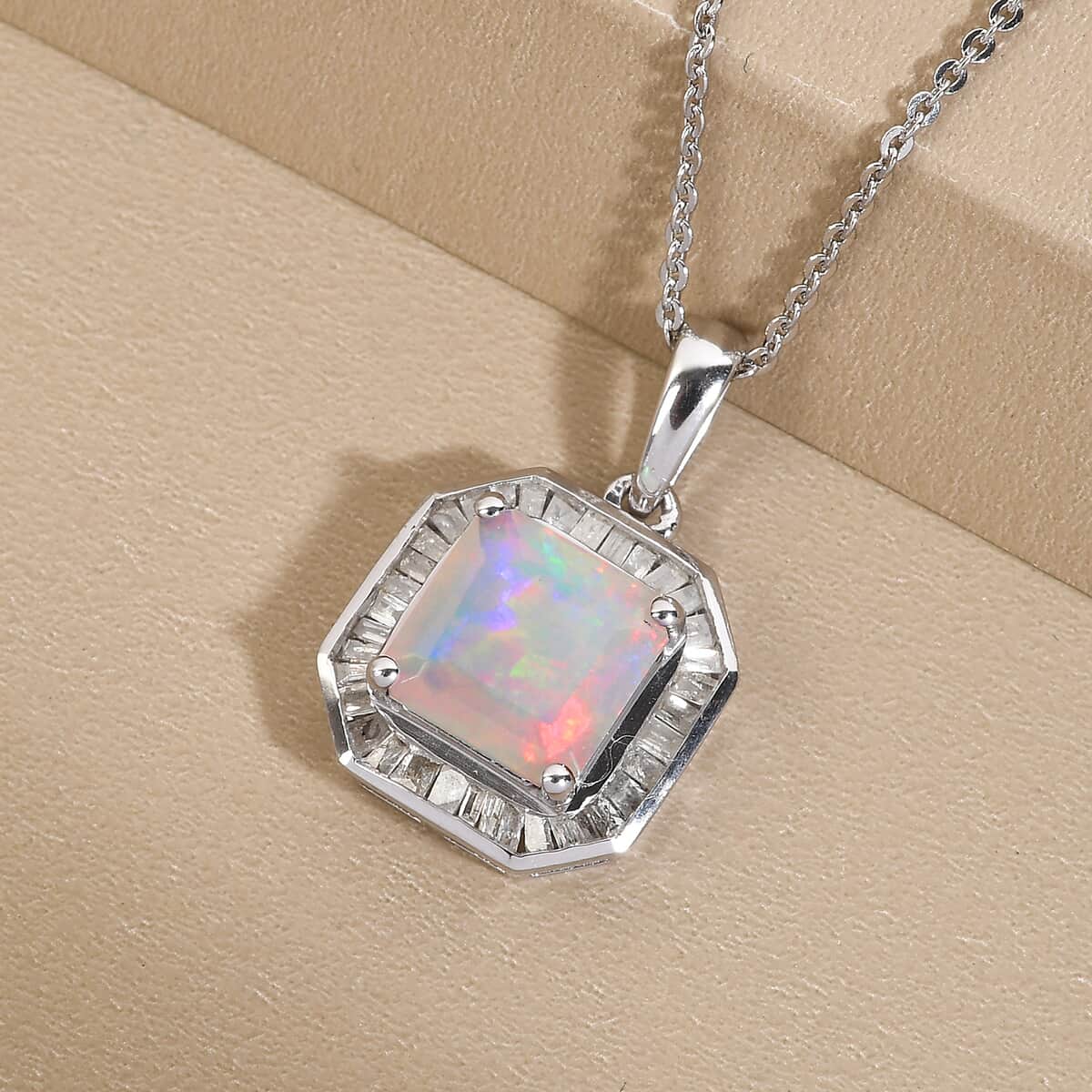 Asscher Cut Premium Ethiopian Welo Opal, Diamond (0.33 cts) Halo Pendant Necklace (20 Inches) in Platinum Over Sterling Silver 1.75 ctw image number 1