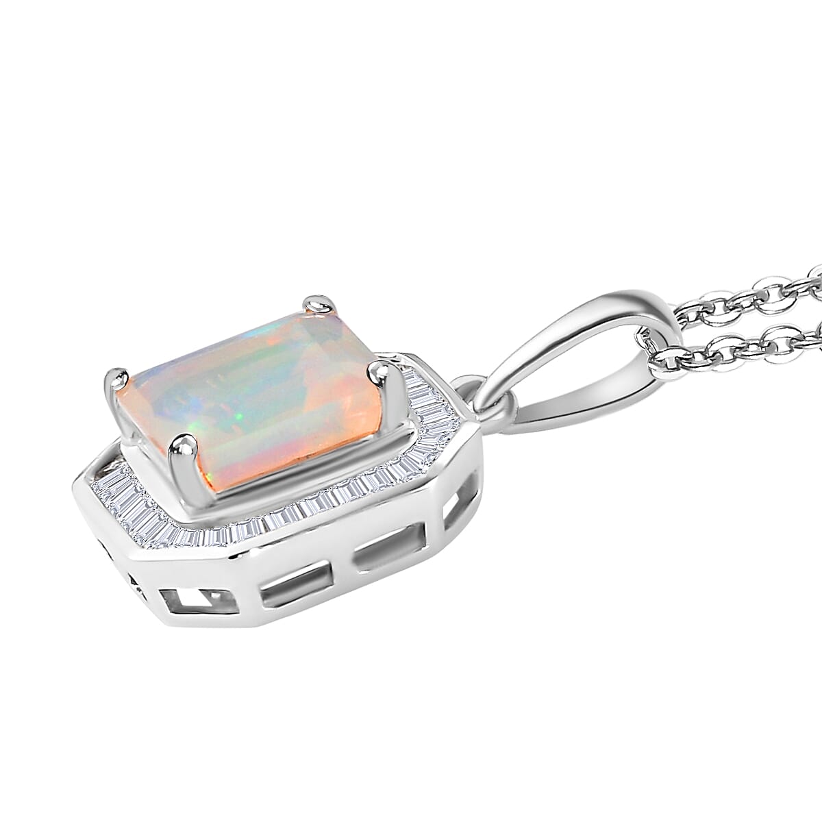 Premium Ethiopian Opal Diamond Pendant in Platinum Plated Sterling Silver, Diamond Halo Pendant, Welo Opal Jewelry, Asscher Cut Opal (20 Inches) 2.00 ctw