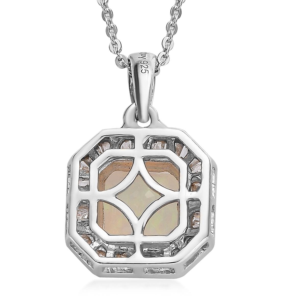 Premium Ethiopian Opal Diamond Pendant in Platinum Plated Sterling Silver, Diamond Halo Pendant, Welo Opal Jewelry, Asscher Cut Opal (20 Inches) 2.00 ctw