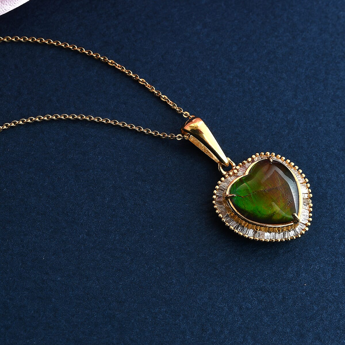 Canadian Ammolite and Diamond Heart Shape Halo Pendant Necklace 20 Inches in Vermeil Yellow Gold Over Sterling Silver 4.60 ctw image number 1