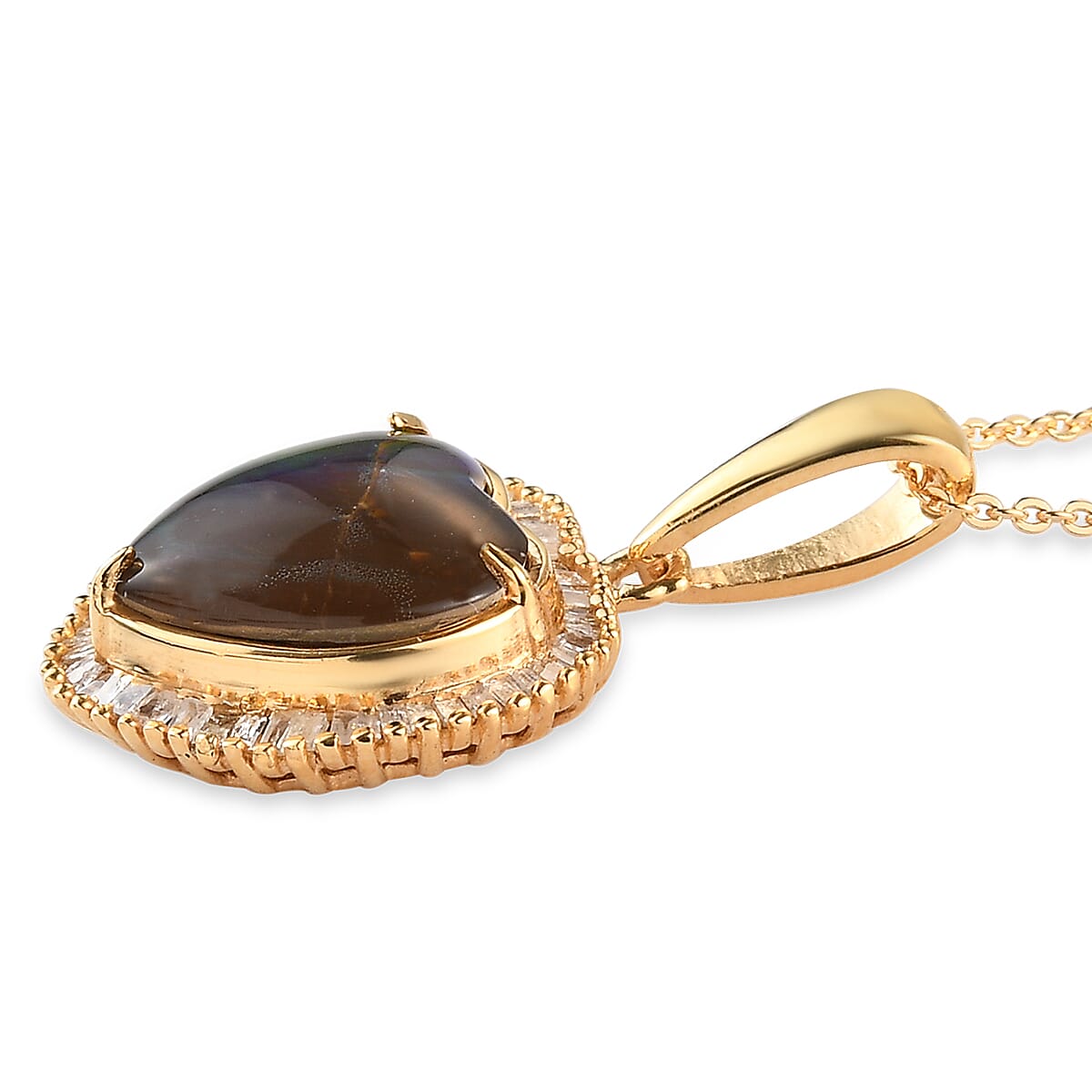 Canadian Ammolite and Diamond Heart Shape Halo Pendant Necklace 20 Inches in Vermeil Yellow Gold Over Sterling Silver 4.60 ctw image number 3
