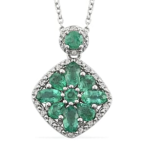 AAA Kagem Emerald and White Zircon Pendant Necklace 18 Inches in Rhodium Over Sterling Silver 1.75 ctw