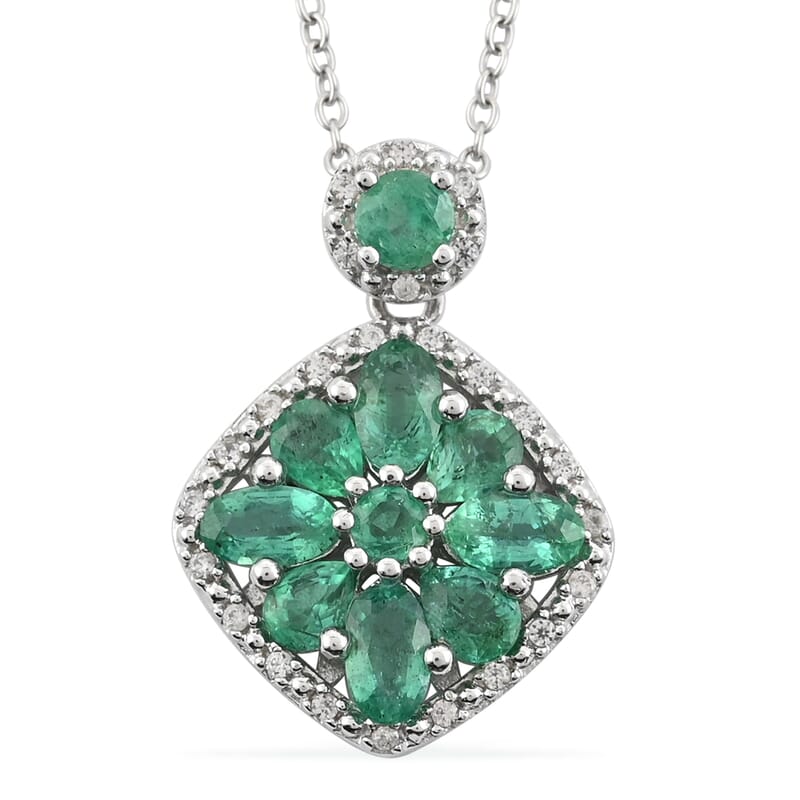 AAA Kagem Emerald and White Zircon Pendant Necklace 18 Inches in Rhodium Over Sterling Silver 1.75 ctw