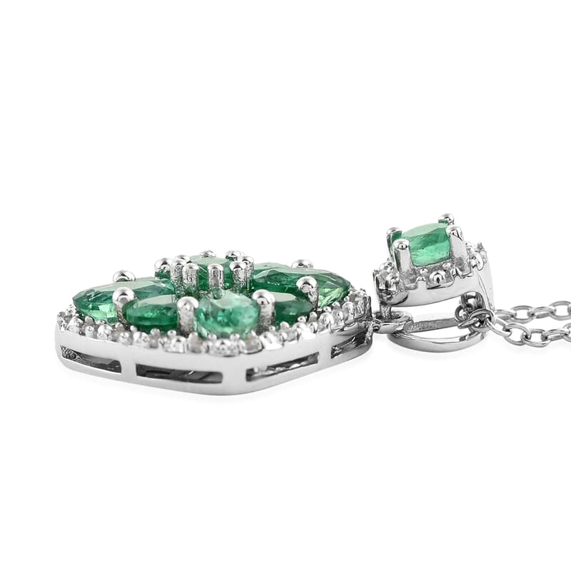 AAA Kagem Emerald and White Zircon Pendant Necklace 18 Inches in Rhodium Over Sterling Silver 1.75 ctw