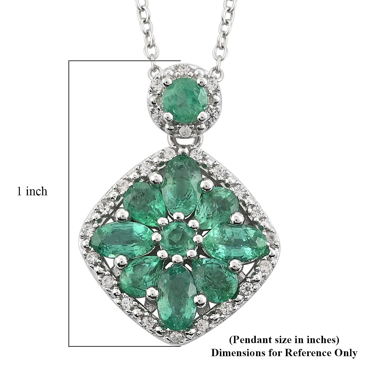 AAA Kagem Emerald and White Zircon Pendant Necklace 18 Inches in Rhodium Over Sterling Silver 1.75 ctw