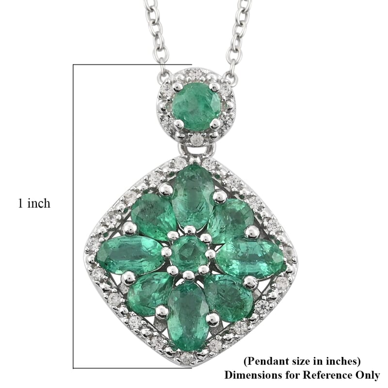 AAA Kagem Emerald and White Zircon Pendant Necklace 18 Inches in Rhodium Over Sterling Silver 1.75 ctw