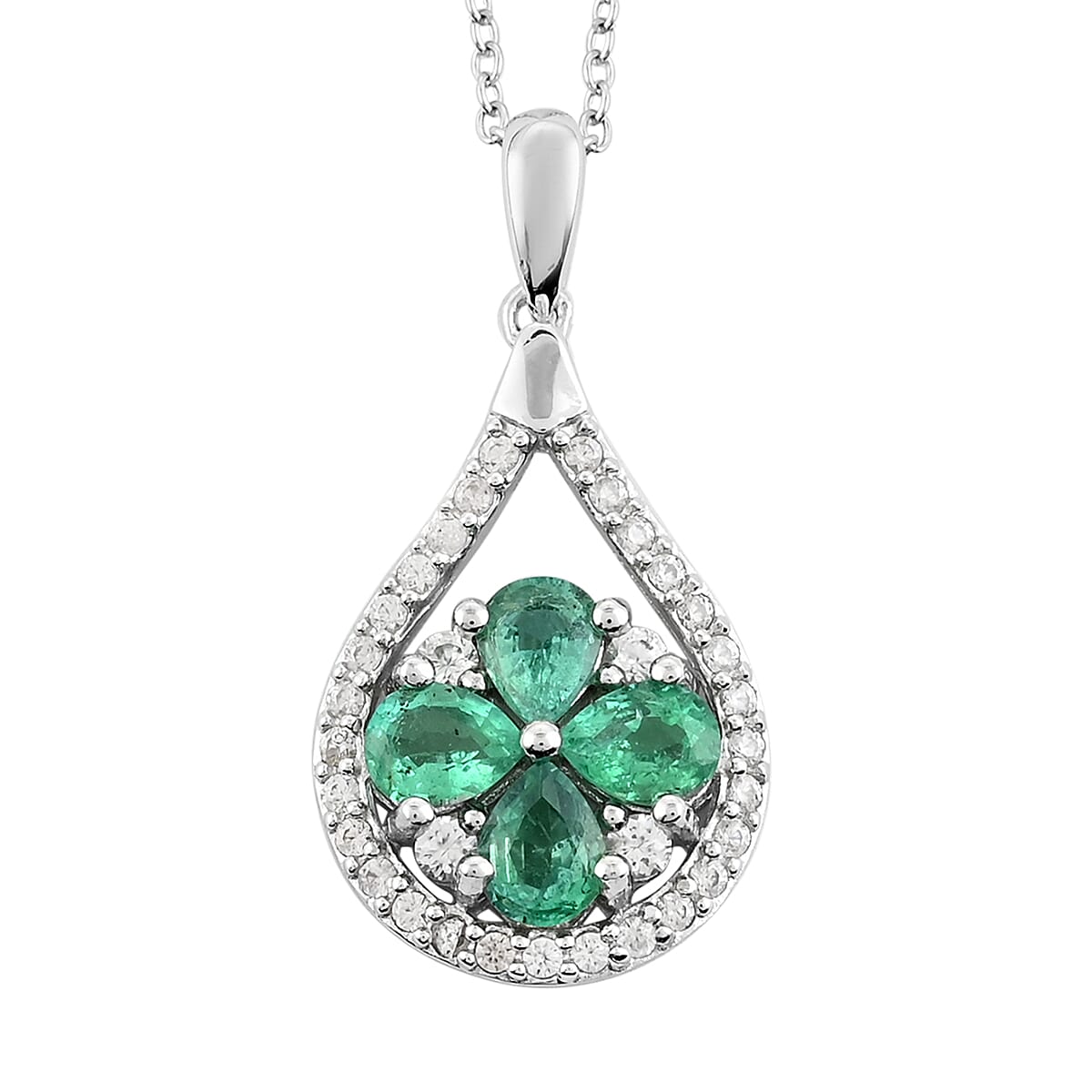 AAA Kagem Emerald and White Zircon Pendant Necklace 18 Inches in Rhodium Over Sterling Silver 1.70 ctw